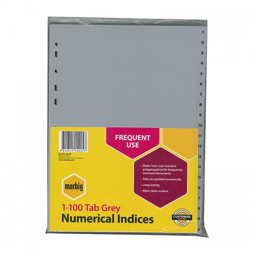 Marbig Indices & Dividers 1-100 Tab PP A4 Grey