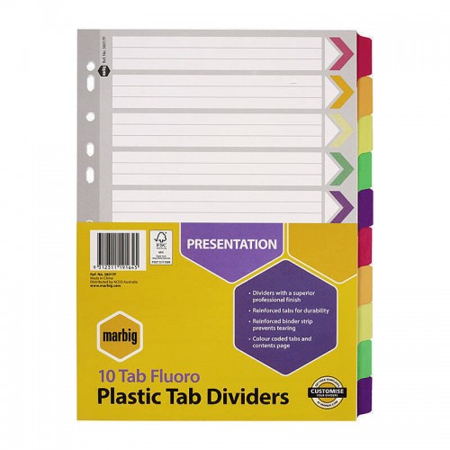 Marbig Indices & Dividers 10 Tab Reinforced A4 Fluoro