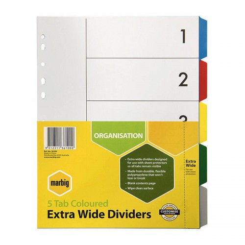 Marbig Indices & Dividers 5 Tab PP A4 Extra Wide