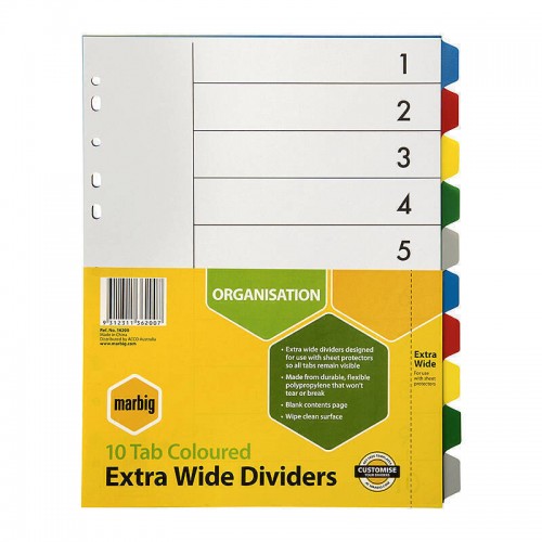 Marbig Indices & Dividers 10 Tab PP A4 Extra Wide