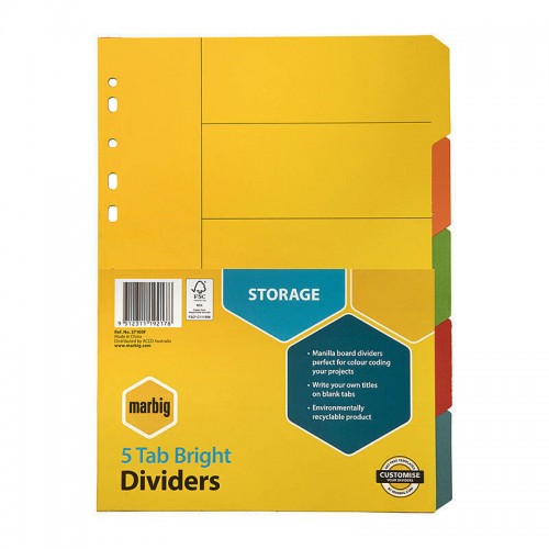 Marbig Indices & Dividers 5 Tab Manilla A4 Brights