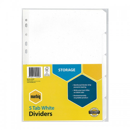 Marbig Indices & Dividers 5 Tab Manilla A4 White