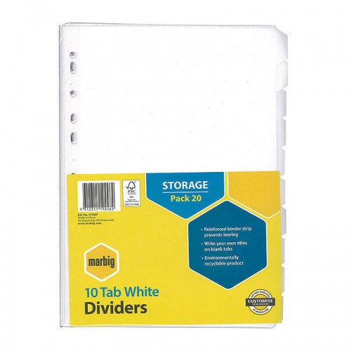 Marbig Indices & Divider 10 Tab Manilla A4 White - Pack of 20