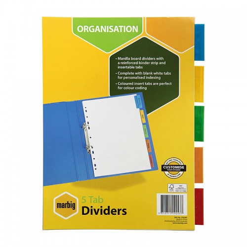 Marbig Indices & Divider 5 Insert Tab Manilla A4 Multi Colours