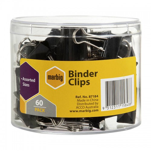 Marbig Binder Clips Binder Clips Assorted Coloured Sizes - Tub of 60