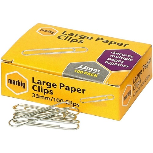 Marbig Paper Clips 33mm Large - Box of 100