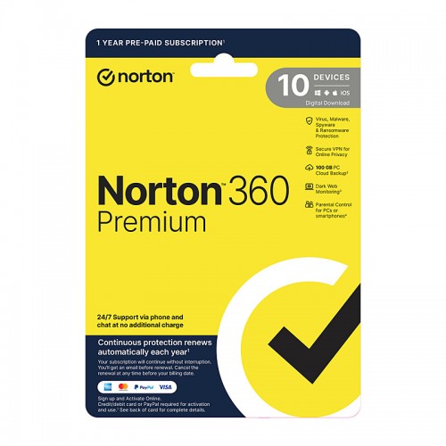 Norton 360 Premium Protection - 1 User 10 Devices 1 Year Subscription