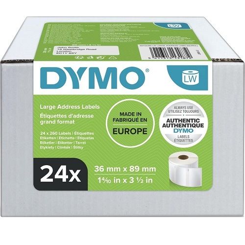 DYMO S0722390 White Large Address Paper Label Tape - 36mm x 89mm Label, 260 Labels per Roll, 24 Rolls