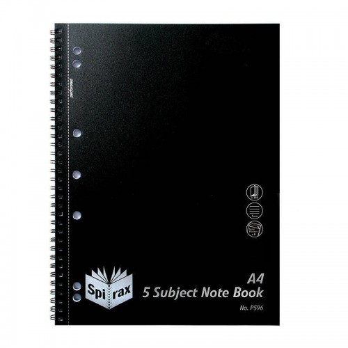 Spirax P596 PP 5 Subject Notebook A4 250P Black Side Opening - Pack of 5