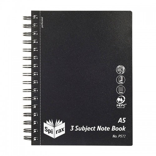 Spirax P572 PP 3 Subject Book A5 300 pages Black S/O - Pack of 5