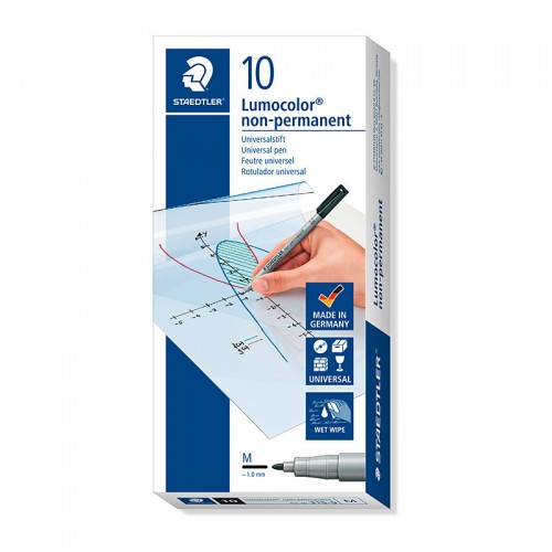 Staedtler Lumocolour 1mm Medium Non-Permanent Pen - Box of 10 - Black