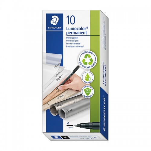 Staedtler LumoColor 1mm Permanent Medium Pens - Box of 10 - Black